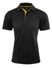 A black polo shirt with a yellow accent on the collar, featuring a logo on the chest.