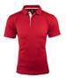 A red polo shirt with a collar, featuring white accent details and a logo on the label.