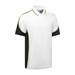 A white polo shirt with black sides and green accents, featuring a small logo on the chest.