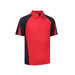A red and navy blue polo shirt with a logo. Short sleeves and a classic collar design.