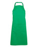A green apron with an adjustable neck strap and a front pocket, featuring a logo.