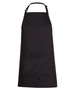 A black work apron featuring a front pocket and an adjustable neck strap. Includes a logo.