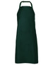 A dark green apron featuring a front pocket and an adjustable neck strap. The design includes a logo.
