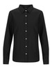A black ladies' long sleeve button-up shirt featuring a collar and front button closure, with a logo visible.