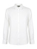 A white ladies long sleeve button-up shirt featuring a collar and a logo on the label.