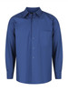A blue men's long sleeve button-up shirt featuring a single chest pocket and a collar. It has a branding logo.