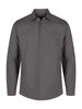 A long sleeve button-up shirt in dark grey with a chest pocket and a logo.