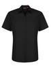 A black short sleeve button-up shirt featuring a collar and a logo.