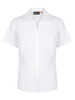 A white short sleeve button-up shirt for ladies, featuring a classic collar and a logo on the inside.