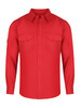 A red men's long sleeve button-up shirt featuring two chest pockets and a branded logo.