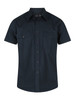 A dark green men's short sleeve button-up shirt featuring two chest pockets and a logo.