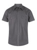 A grey short sleeve button-up shirt with two front pockets and a logo.