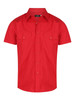 A red short sleeve button-up shirt featuring two chest pockets and a logo.