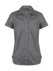 A grey short sleeve button-up shirt with two front pockets and a branded logo.
