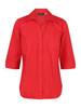 A red ladies' 3/4 sleeve button-up shirt with two front pockets and a collar, featuring a logo.