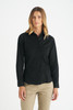 A black long sleeve button-up shirt for women, featuring a collared design and a branded logo.