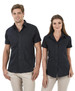 Aston men's and women's short sleeve button-up shirts in navy, featuring a logo and two front pockets.