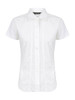 A white ladies short sleeve button-up shirt with a collar and front button closure, featuring a logo.