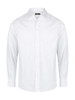 A white long sleeve button-up shirt featuring a collar and a logo on the chest.