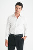 A men's long sleeve button-up shirt in white, featuring a sleek design and a logo on the chest.