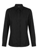 A black ladies long sleeve button-up shirt with a collar and front placket, featuring a logo on the label.