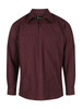 A burgundy long sleeve button-up shirt featuring a collar and front placket. It has a logo on the sleeve.