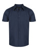 A navy short sleeve button-up shirt with a structured design and two chest pockets. It features a logo on the label.