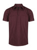 A men's short sleeve button-up shirt in burgundy with a logo, featuring two front pockets and rolled sleeves.