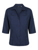 A navy blue ladies 3/4 sleeve button-up shirt featuring a collar and a logo.
