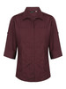 A maroon ladies' 3/4 sleeve button-up shirt with front pockets and a logo on the collar.