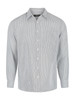 A long sleeve button-up shirt in a light grey striped pattern, featuring a chest pocket and a brand logo.