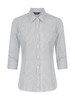 A ladies' 3/4 sleeve button-up shirt in a striped pattern featuring a classic collar and a fitted design.
