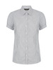 A button-up shirt in light grey with vertical stripes and short sleeves, featuring a collar and branding.
