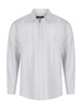 A long sleeve button-up shirt in a light grey and white striped pattern featuring a collar and front buttons.