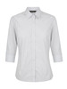 A grey and white striped ladies' 3/4 sleeve button-up shirt, featuring a collar and a logo.