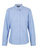 A ladies' long sleeve button-up shirt in blue and white stripes, featuring a classic collar and button closure.