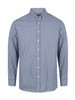 A blue and white checkered long sleeve button-up shirt with a collar and a logo.