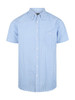Short-sleeve button-up shirt in light blue and white gingham pattern, featuring a logo on the chest.