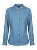 A light blue ladies long sleeve button-up shirt featuring a collar and a chest pocket. Includes a logo.