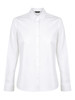 A white long sleeve button-up shirt featuring a classic collar and a branding logo.