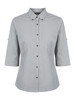 A light grey ladies' 3/4 sleeve button-up shirt with a collar and logo detailing.