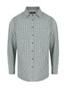 A green and white checkered long sleeve button-up shirt with a collar and logo detail.