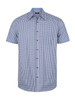 A short sleeve button-up shirt in blue and white check pattern, featuring a pocket and a logo.