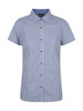 A blue and white checkered short sleeve button-up shirt with a collar and a logo.