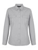 A light grey ladies long sleeve button-up shirt featuring two front pockets and a collar. It has a logo.