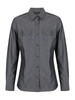 A ladies long sleeve button-up shirt in dark grey with two chest pockets and a collar design.