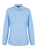 A ladies' long sleeve button-up shirt in light blue, featuring two chest pockets and a branded label.