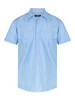 A light blue men's short sleeve button-up shirt with two chest pockets and a logo on the label.