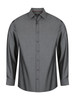 A grey long sleeve button-up shirt with a structured collar and a branding logo on the label.