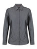 A button-up ladies' long sleeve shirt in a dark grey colour, featuring a classic collar and a logo.